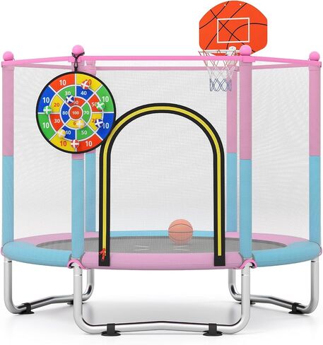 Goplus 60" Trampoline for Kids, Recreational Toddler Trampoline with Basketball Hoop, Dart Board, Safe Enclosure Net, Indoor & Outdoor Activity Center for 3-6 Years Old Kids, Gift for Boys Girls in Saudi Arabia