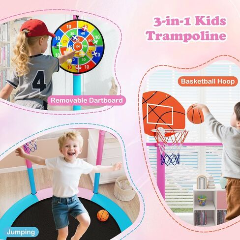 Goplus 60" Trampoline for Kids, Recreational Toddler Trampoline with Basketball Hoop, Dart Board, Safe Enclosure Net, Indoor & Outdoor Activity Center for 3-6 Years Old Kids, Gift for Boys Girls in Saudi Arabia
