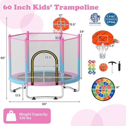 Goplus 60" Trampoline for Kids, Recreational Toddler Trampoline with Basketball Hoop, Dart Board, Safe Enclosure Net, Indoor & Outdoor Activity Center for 3-6 Years Old Kids, Gift for Boys Girls in Saudi Arabia