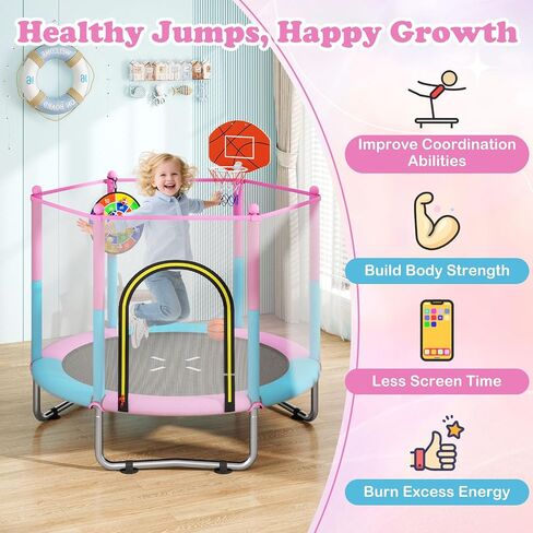 Goplus 60" Trampoline for Kids, Recreational Toddler Trampoline with Basketball Hoop, Dart Board, Safe Enclosure Net, Indoor & Outdoor Activity Center for 3-6 Years Old Kids, Gift for Boys Girls in Saudi Arabia
