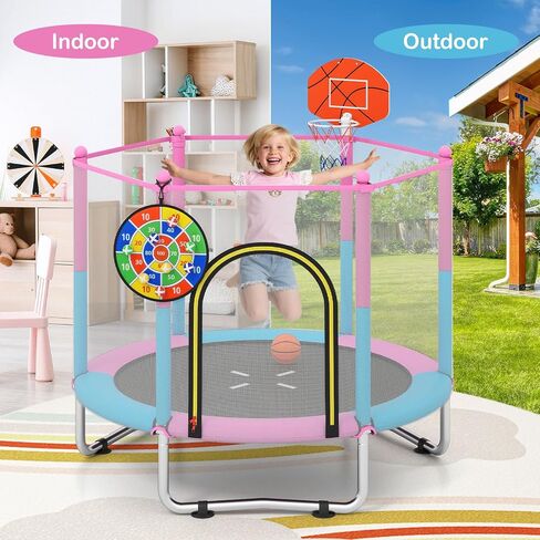 Goplus 60" Trampoline for Kids, Recreational Toddler Trampoline with Basketball Hoop, Dart Board, Safe Enclosure Net, Indoor & Outdoor Activity Center for 3-6 Years Old Kids, Gift for Boys Girls in Saudi Arabia