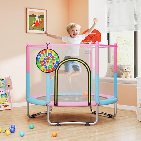 Goplus 60" Trampoline for Kids, Recreational Toddler Trampoline with Basketball Hoop, Dart Board, Safe Enclosure Net, Indoor & Outdoor Activity Center for 3-6 Years Old Kids, Gift for Boys Girls in Saudi Arabia