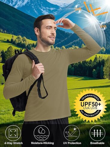Mens UPF 50+ UV Sun Protection Shirts Outdoor Long Sleeve SPF Rash Guard for Fishing Hiking Swim Running in Kuwait