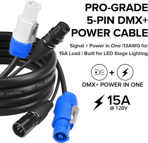 SMALL-EYE 5 Pin DMX Combo Cable 10 ft - 4-Core DMX وكابل وصلة التحكم في الطاقة، 5-Pin DMX ذكر إلى أنثى + قابس طاقة لإضاءة المسرح (10 بوصات) in Kuwait