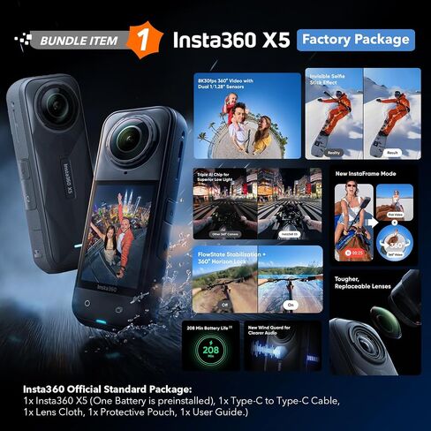 Insta360 X5 Elite Bundle - Waterproof 8K 360° Action Camera, 1/1.28" 72MP Sensors, 4K Wide-Angle Video, with Extra Battery, Fast Charge Case, Invisible Selfie Stick, Carrying Case, Lens Cap in Saudi Arabia