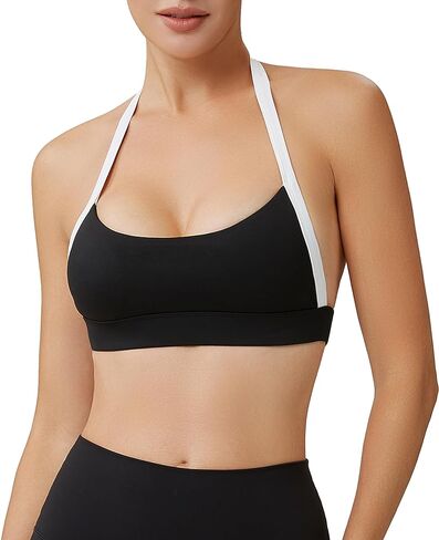 Women’s Color Block Halter Sports Bra–Built in Pads Low Impact Workout Open Back Fitness Athletic Crop Tops in Kuwait