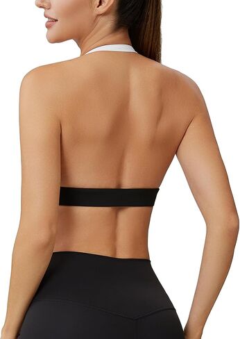 Women’s Color Block Halter Sports Bra–Built in Pads Low Impact Workout Open Back Fitness Athletic Crop Tops in Kuwait