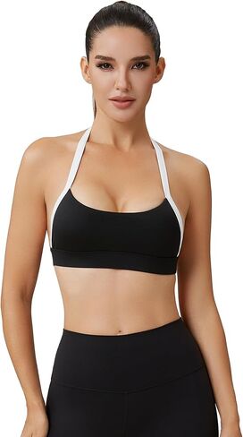 Women’s Color Block Halter Sports Bra–Built in Pads Low Impact Workout Open Back Fitness Athletic Crop Tops in Kuwait