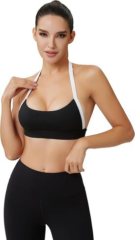 Women’s Color Block Halter Sports Bra–Built in Pads Low Impact Workout Open Back Fitness Athletic Crop Tops in Kuwait