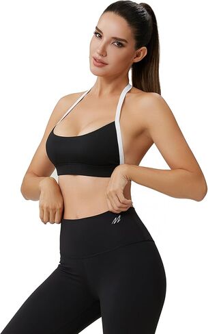 Women’s Color Block Halter Sports Bra–Built in Pads Low Impact Workout Open Back Fitness Athletic Crop Tops in Kuwait