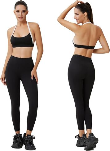 Women’s Color Block Halter Sports Bra–Built in Pads Low Impact Workout Open Back Fitness Athletic Crop Tops in Kuwait