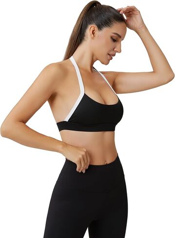 Women’s Color Block Halter Sports Bra–Built in Pads Low Impact Workout Open Back Fitness Athletic Crop Tops in Kuwait