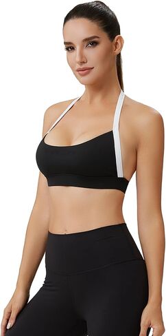 Women’s Color Block Halter Sports Bra–Built in Pads Low Impact Workout Open Back Fitness Athletic Crop Tops in Kuwait