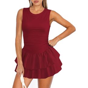 Women's Tennis Pleated Ruffle Athletic Dress for Women Mini Flowy Layered Ruffle Crewneck Sleeveless Dress with Shorts in Saudi Arabia