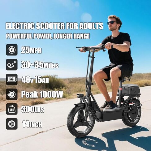 Electric Scooter for Adults, 1000W Peak Motor, Up to 25 MPH 30 Miles, Electric Scooter with Seat, Multiple Suspension, Bright Lights, Provides Comfortable and Safe Ride, 14" E Scooter for Commuting in Kuwait