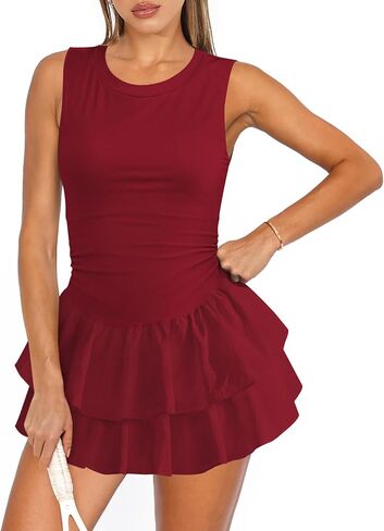 Women's Tennis Pleated Ruffle Athletic Dress for Women Mini Flowy Layered Ruffle Crewneck Sleeveless Dress with Shorts in Saudi Arabia