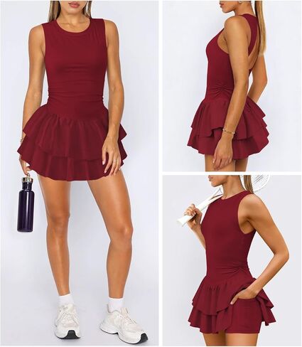 Women's Tennis Pleated Ruffle Athletic Dress for Women Mini Flowy Layered Ruffle Crewneck Sleeveless Dress with Shorts in Saudi Arabia