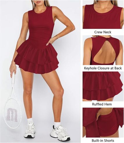 Women's Tennis Pleated Ruffle Athletic Dress for Women Mini Flowy Layered Ruffle Crewneck Sleeveless Dress with Shorts in Saudi Arabia