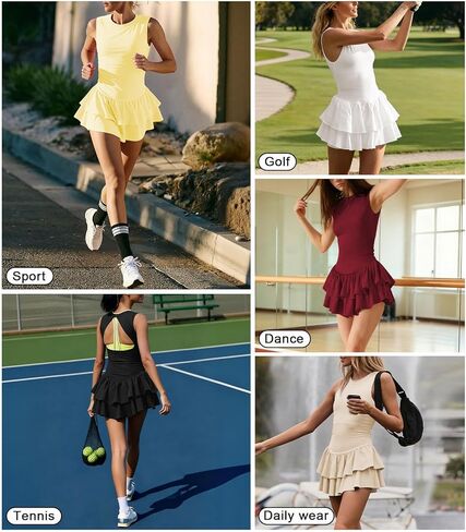 Women's Tennis Pleated Ruffle Athletic Dress for Women Mini Flowy Layered Ruffle Crewneck Sleeveless Dress with Shorts in Saudi Arabia