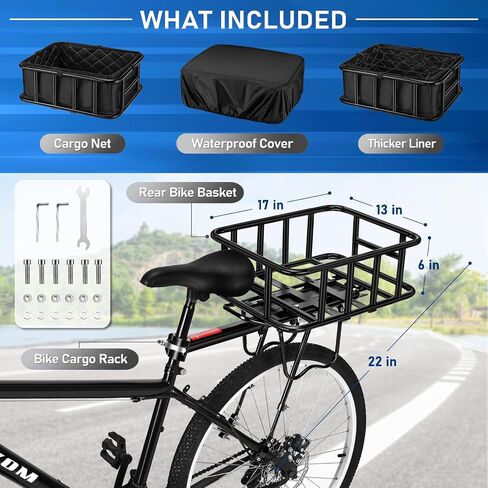 Upgraded Rear Bike Rack with Basket, Removable Adjustable Bike Basket Rear with Liner,Waterproof Cover,Cargo Net, Heavy Duty Bicycle Rear Basket for Most Bikes and E-Bike in Saudi Arabia