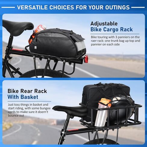 Upgraded Rear Bike Rack with Basket, Removable Adjustable Bike Basket Rear with Liner,Waterproof Cover,Cargo Net, Heavy Duty Bicycle Rear Basket for Most Bikes and E-Bike in Saudi Arabia
