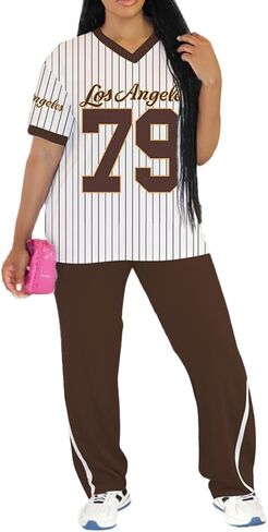 PINSV Women's 2 Piece Outfits Jersey Shirts Striped Number Graphic V Neck Tee and Pant Sets Casual Y2k Streetwear Tracksuits in Saudi Arabia
