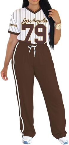 PINSV Women's 2 Piece Outfits Jersey Shirts Striped Number Graphic V Neck Tee and Pant Sets Casual Y2k Streetwear Tracksuits in Saudi Arabia