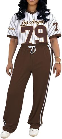 PINSV Women's 2 Piece Outfits Jersey Shirts Striped Number Graphic V Neck Tee and Pant Sets Casual Y2k Streetwear Tracksuits in Saudi Arabia