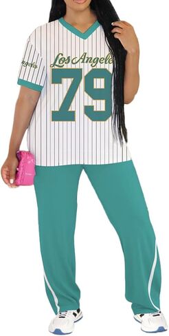 PINSV Women's 2 Piece Outfits Jersey Shirts Striped Number Graphic V Neck Tee and Pant Sets Casual Y2k Streetwear Tracksuits in Saudi Arabia