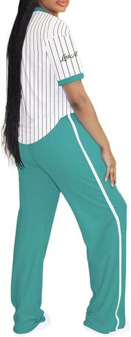 PINSV Women's 2 Piece Outfits Jersey Shirts Striped Number Graphic V Neck Tee and Pant Sets Casual Y2k Streetwear Tracksuits in Saudi Arabia