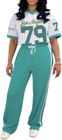 PINSV Women's 2 Piece Outfits Jersey Shirts Striped Number Graphic V Neck Tee and Pant Sets Casual Y2k Streetwear Tracksuits in Saudi Arabia