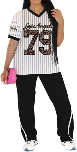 PINSV Women's 2 Piece Outfits Jersey Shirts Striped Number Graphic V Neck Tee and Pant Sets Casual Y2k Streetwear Tracksuits in Saudi Arabia