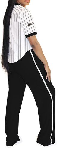 PINSV Women's 2 Piece Outfits Jersey Shirts Striped Number Graphic V Neck Tee and Pant Sets Casual Y2k Streetwear Tracksuits in Saudi Arabia