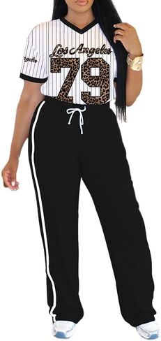 PINSV Women's 2 Piece Outfits Jersey Shirts Striped Number Graphic V Neck Tee and Pant Sets Casual Y2k Streetwear Tracksuits in Saudi Arabia