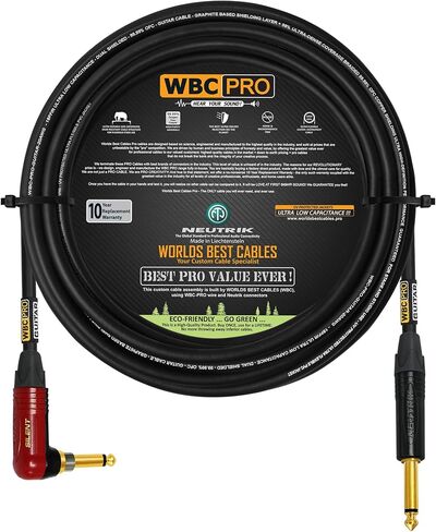 20 Foot - WBC-PRO-Guitar – 20 AWG - Low-Cap (18pF/ft) – Pro-Grade – Graphite-Based - Dual-Shielded Guitar Bass Instrument Cable w/Neutrik Straight - Angled (SilentPLUG) ¼ Inch (6.35mm) Gold TS Plugs in Saudi Arabia