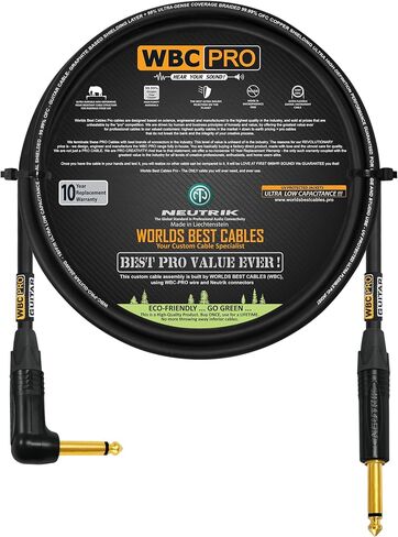 6 Foot - WBC-PRO-Guitar – 20 AWG - Low-Cap (18pF/ft) – Pro-Grade – Graphite-Based - Dual-Shielded Guitar, Bass, Instrument Cable with Neutrik Straight to Angled ¼ Inch (6.35mm) Gold TS Connectors in Saudi Arabia