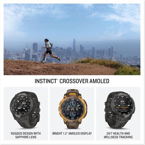 Garmin Instinct® Crossover AMOLED، ساعة ذكية متينة هجينة بنظام تحديد المواقع العالمي (GPS) مع عقارب ساعة تناظرية وشاشة AMOLED ساطعة، فحمي مع شريط سيليكون فحمي in Saudi Arabia
