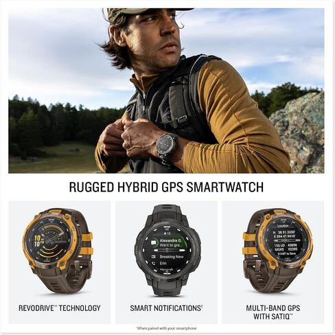 Garmin Instinct® Crossover AMOLED، ساعة ذكية متينة هجينة بنظام تحديد المواقع العالمي (GPS) مع عقارب ساعة تناظرية وشاشة AMOLED ساطعة، فحمي مع شريط سيليكون فحمي in Saudi Arabia