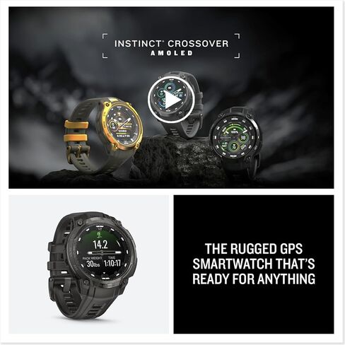 Garmin Instinct® Crossover AMOLED، ساعة ذكية متينة هجينة بنظام تحديد المواقع العالمي (GPS) مع عقارب ساعة تناظرية وشاشة AMOLED ساطعة، فحمي مع شريط سيليكون فحمي in Saudi Arabia
