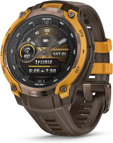 Garmin Instinct® Crossover AMOLED، ساعة ذكية متينة هجينة بنظام تحديد المواقع العالمي (GPS) مع عقارب ساعة تناظرية وشاشة AMOLED ساطعة، فحمي مع شريط سيليكون فحمي in Saudi Arabia