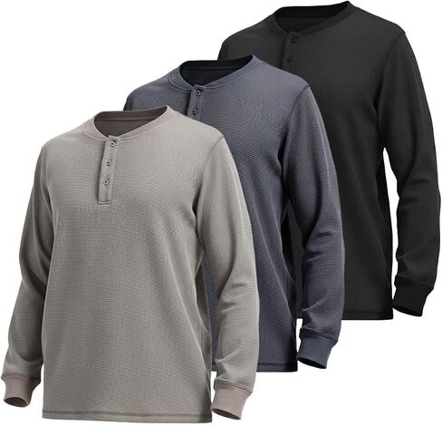 Liloak 2/3/4 حزمة من قمصان Waffle Henley للرجال بأكمام طويلة، بلوفر كاجوال، قمصان ناعمة متماسكة عادية للارتداء اليومي in Kuwait