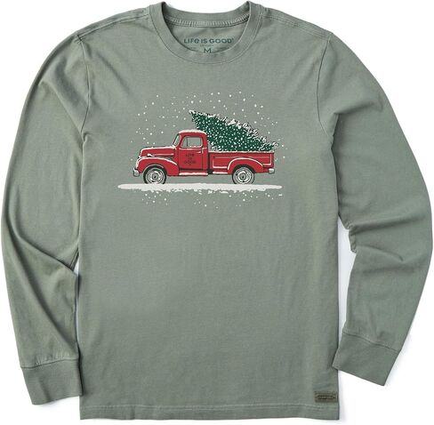 Life is Good. Men's Old Christmas Tree Long Sleeve Crusher Tee, Moss Green in Saudi Arabia
