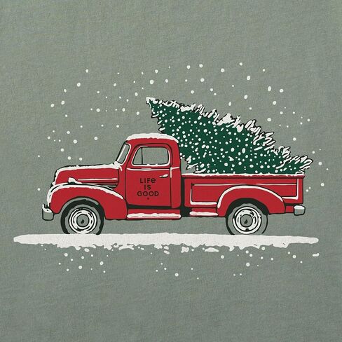 Life is Good. Men's Old Christmas Tree Long Sleeve Crusher Tee, Moss Green in Saudi Arabia