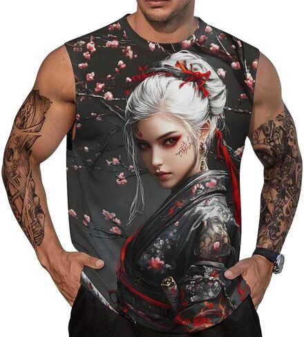 Mens Japanese Art Samurai Warrior Print Tank Top Workout Muscle Sleeveless Athletic Dry Fit Gym T-Shirts in Saudi Arabia