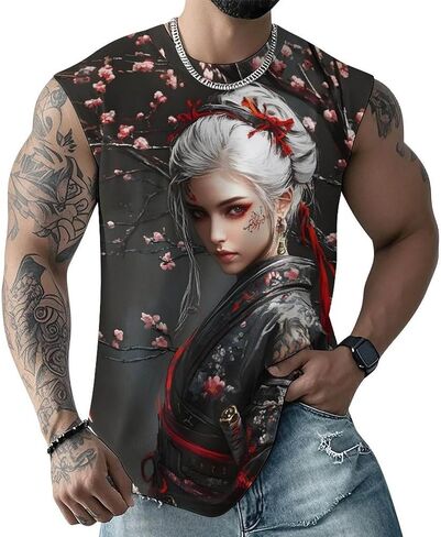 Mens Japanese Art Samurai Warrior Print Tank Top Workout Muscle Sleeveless Athletic Dry Fit Gym T-Shirts in Saudi Arabia