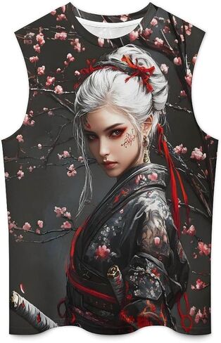 Mens Japanese Art Samurai Warrior Print Tank Top Workout Muscle Sleeveless Athletic Dry Fit Gym T-Shirts in Saudi Arabia
