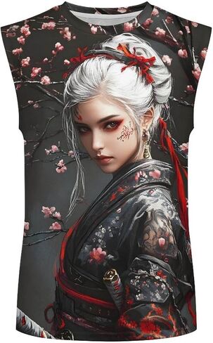 Mens Japanese Art Samurai Warrior Print Tank Top Workout Muscle Sleeveless Athletic Dry Fit Gym T-Shirts in Saudi Arabia