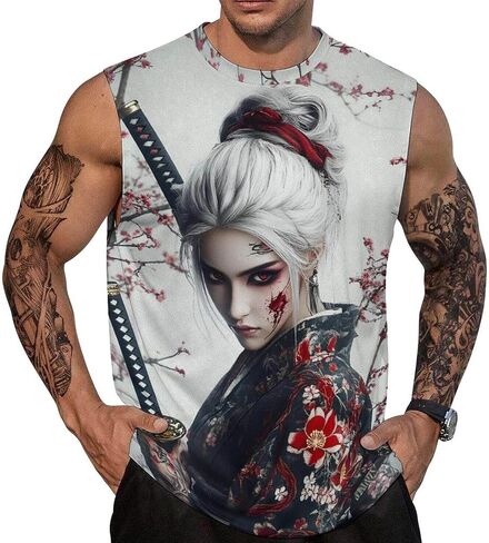 Mens Japanese Art Samurai Warrior Print Tank Top Workout Muscle Sleeveless Athletic Dry Fit Gym T-Shirts in Saudi Arabia