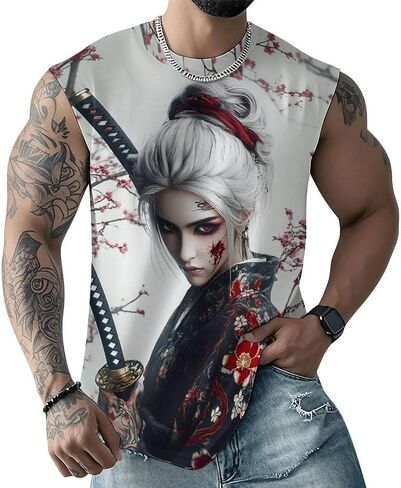 Mens Japanese Art Samurai Warrior Print Tank Top Workout Muscle Sleeveless Athletic Dry Fit Gym T-Shirts in Saudi Arabia