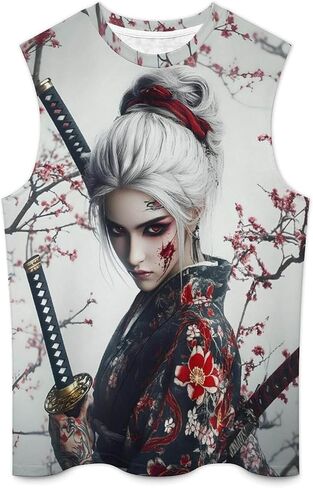 Mens Japanese Art Samurai Warrior Print Tank Top Workout Muscle Sleeveless Athletic Dry Fit Gym T-Shirts in Saudi Arabia